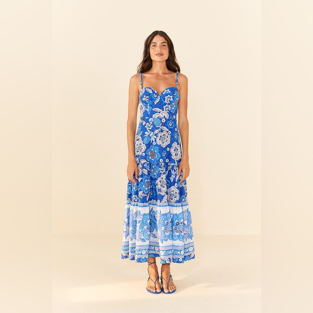 FARM Rio, Blue Full Of Flowers Organic Cotton Midi Dress. Size L.